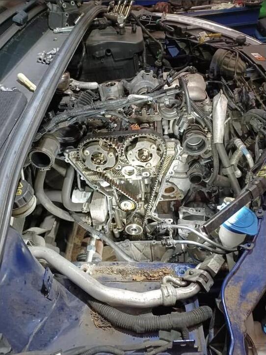 The front of a blue car's engine with the covers off, the camshaft sprockets and timing case exposed, pipework and wiring pushed aside around it.