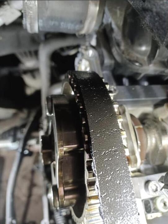 Close up of the old timing belt still on its sprocket, the black rubber shiny with oil and visibly shedding flakes of material along its back.